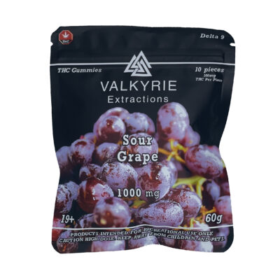 Valkyrie Sour Grape 1000mg THC gummies bag
