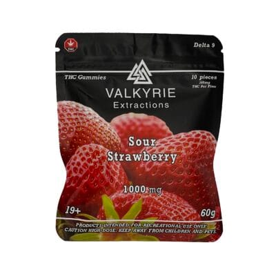Valkyrie Sour Strawberry 1000mg THC gummies bag