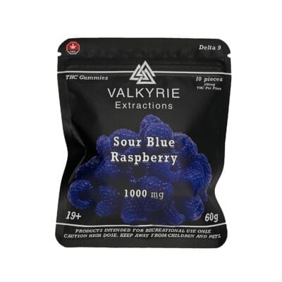 Valkyrie Sour Blue Raspberry 1000mg THC gummies pouch