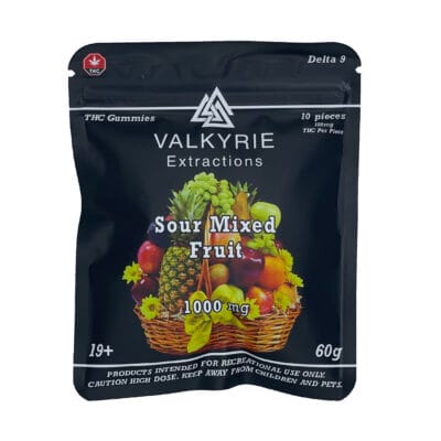 Valkyrie Sour Mixed Fruit 1000mg THC assorted gummies bag