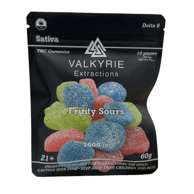 Valkyrie Fruity Sours 1000mg THC mixed gummies bag