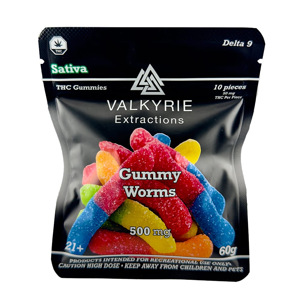 Valkyrie Gummy Worms 500mg THC sour worms bag