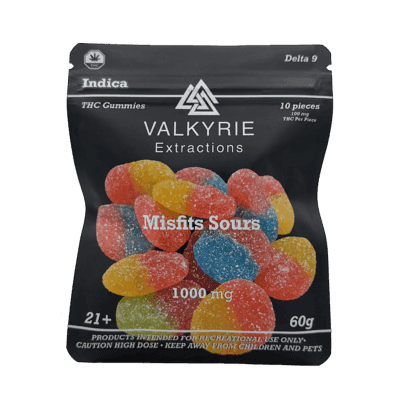 Valkyrie Misfits Sours 1000mg THC assorted gummies bag