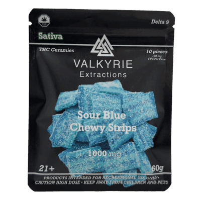 Valkyrie Sour Blue Chewy Strips 1000mg THC blue sour belts