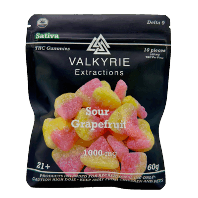 Valkyrie Sour Grapefruit 1000mg THC citrus gummies bag