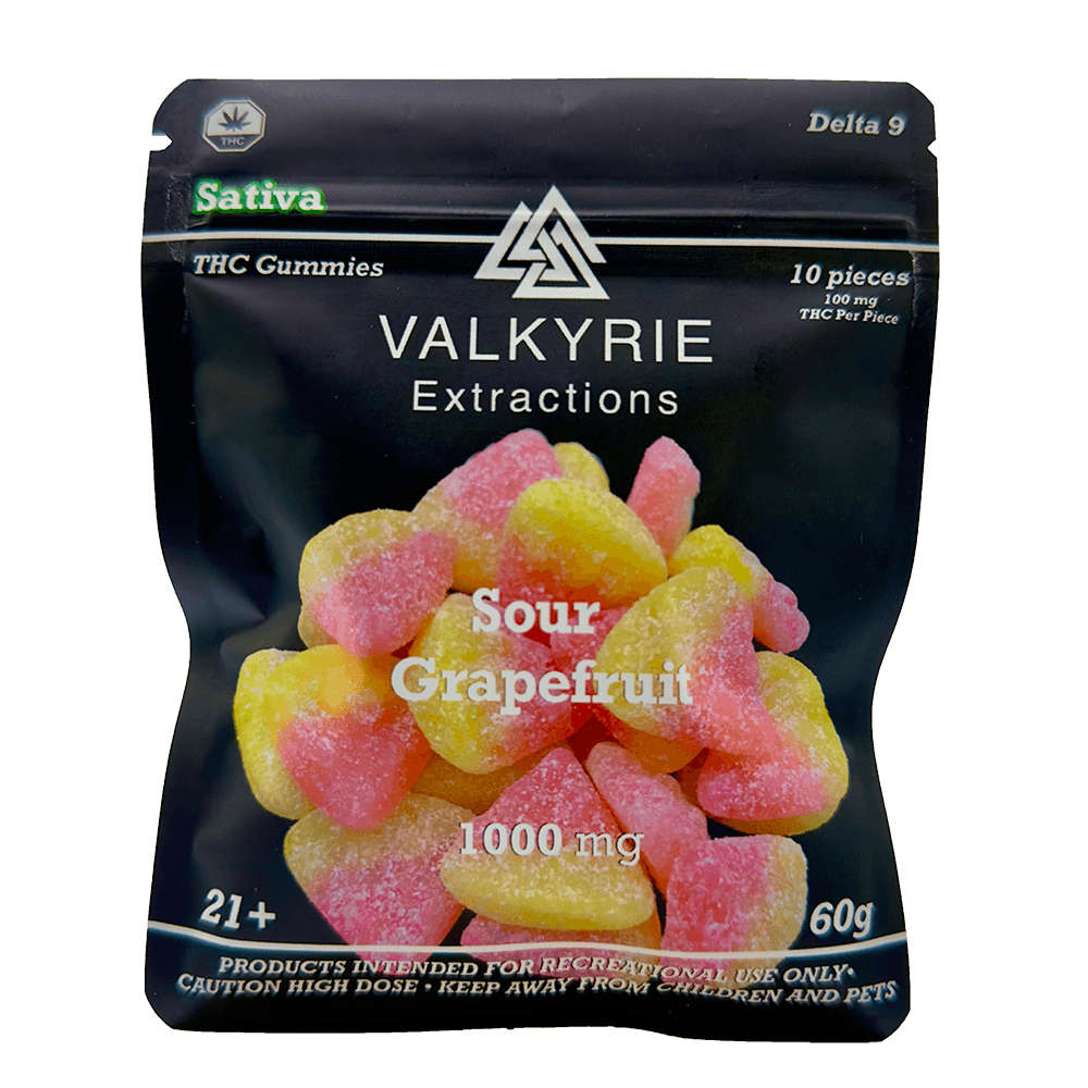 Valkyrie Sour Grapefruit 1000mg THC citrus gummies bag