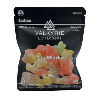 Valkyrie Uni Sharks 1000mg THC shark gummies bag